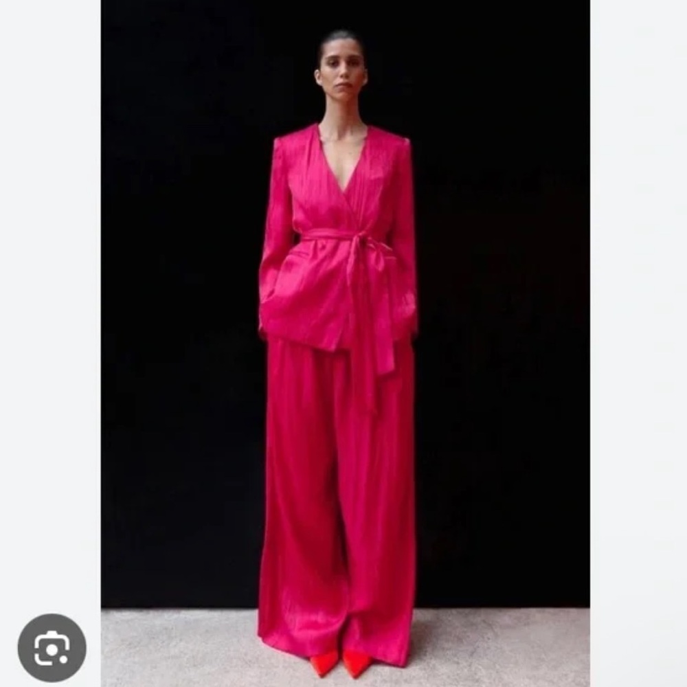 Zara metallic sheen crinkle effect lightweight wide-leg pink pants trousers sz.S - Picture 2 of 16